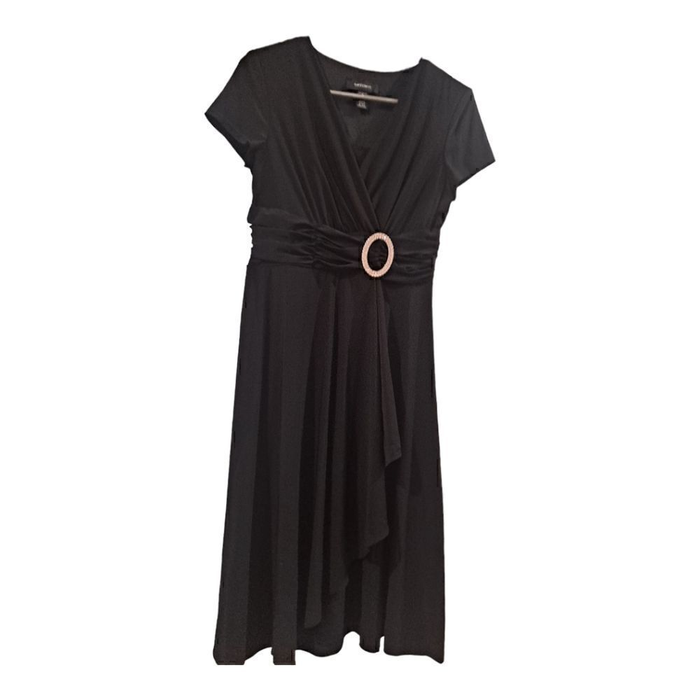 R&M Richards Dress Womens Size 8 Black Short-Sleeve Faux-Wrap Waist Embellished